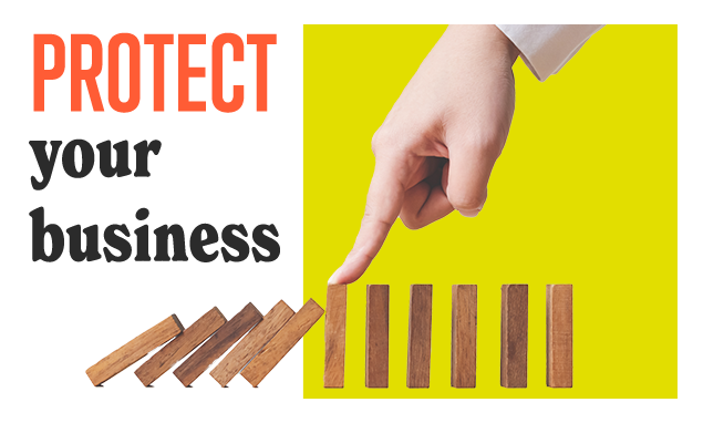 The words 'Protect your business' are placed above a row of wooden blocks with a person's finger resting on one of the wooden blocks